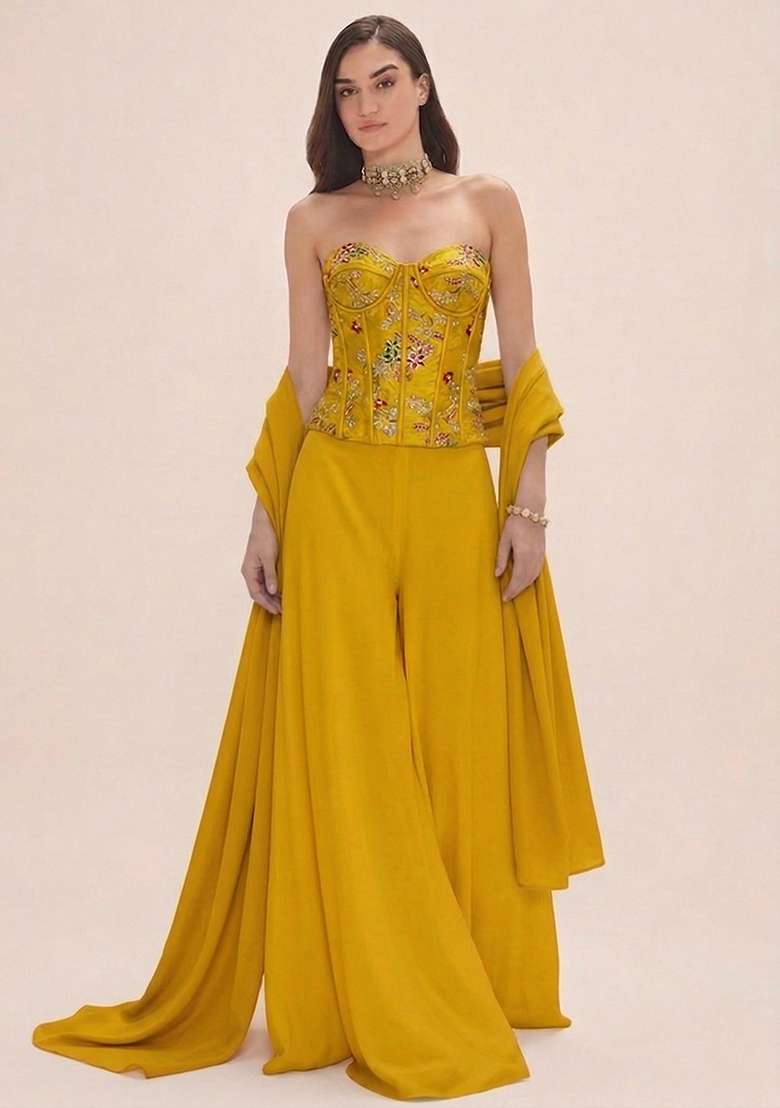 Lime Green Embroidered Crepe Fusion Set - Indya