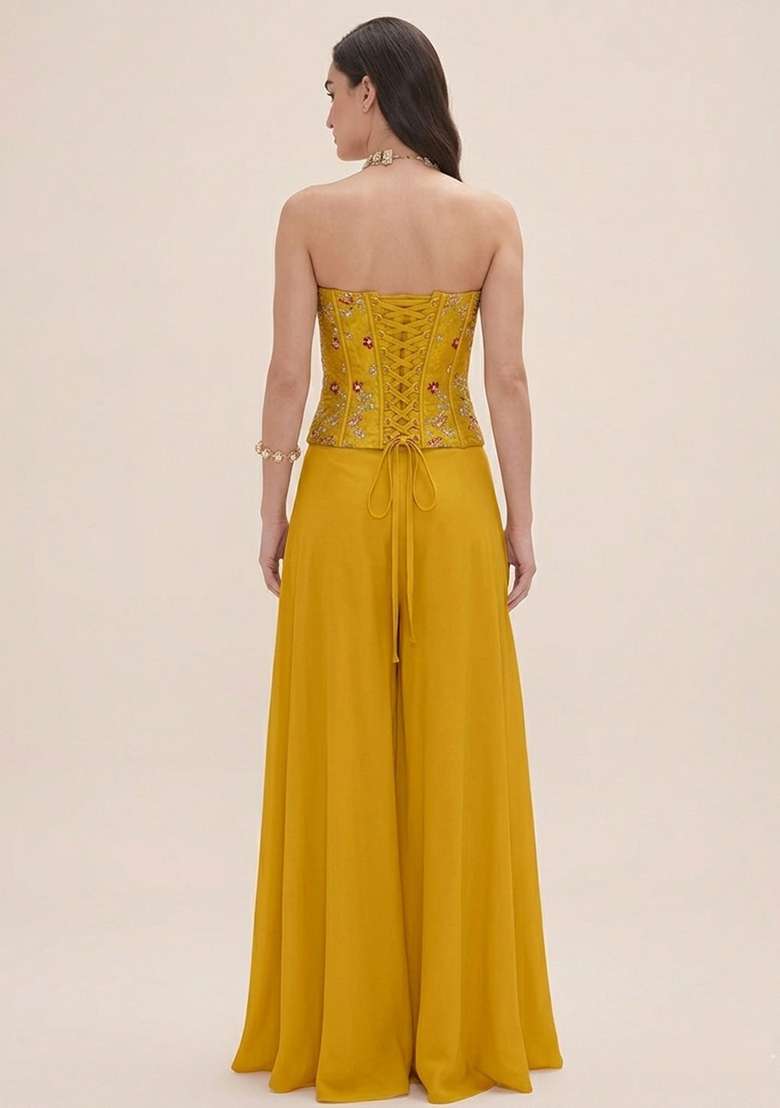 Lime Green Embroidered Crepe Fusion Set - Indya