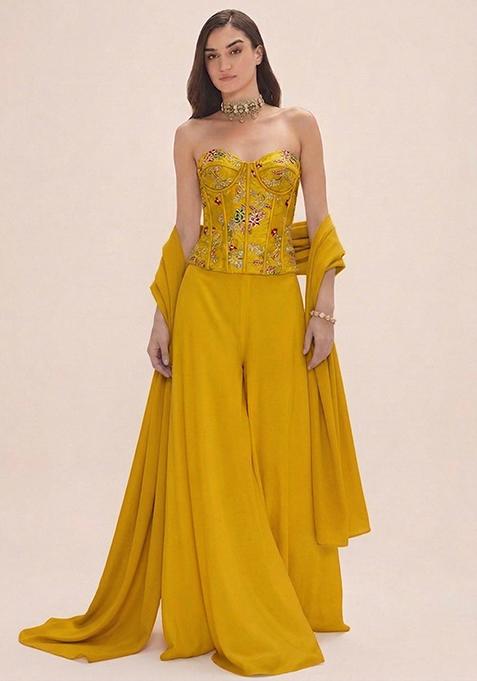 Lime Green Embroidered Crepe Fusion Set