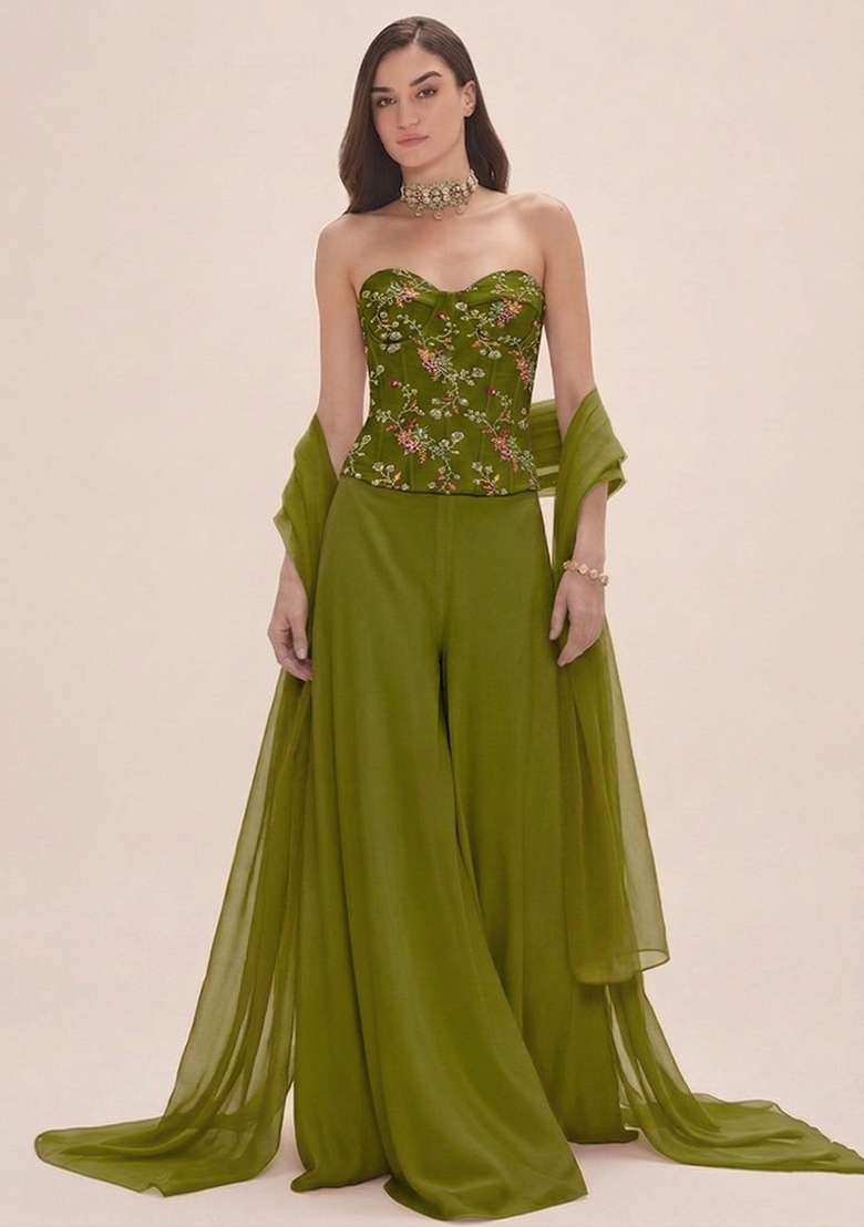 Olive Green Embroidered Crepe Fusion Set - Indya