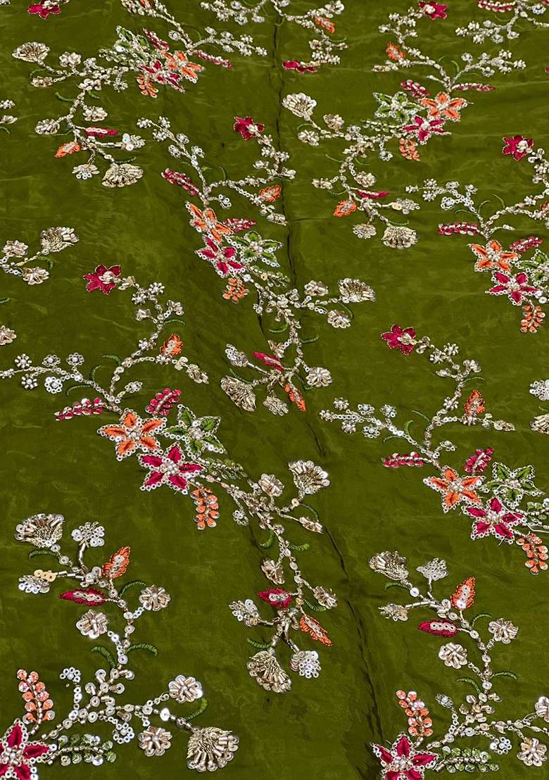 Olive Green Embroidered Crepe Fusion Set - Indya