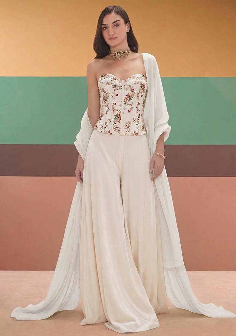 Ivory Embroidered Crepe Fusion Set - Indya