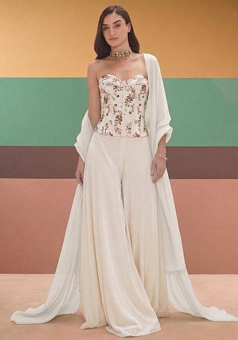 Ivory Embroidered Crepe Fusion Set