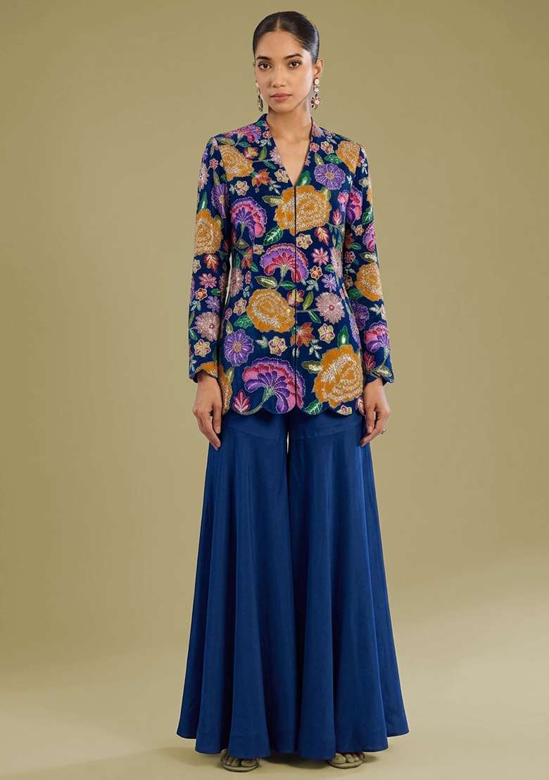 Navy Blue Embroidered Crepe Sharara Set - Indya