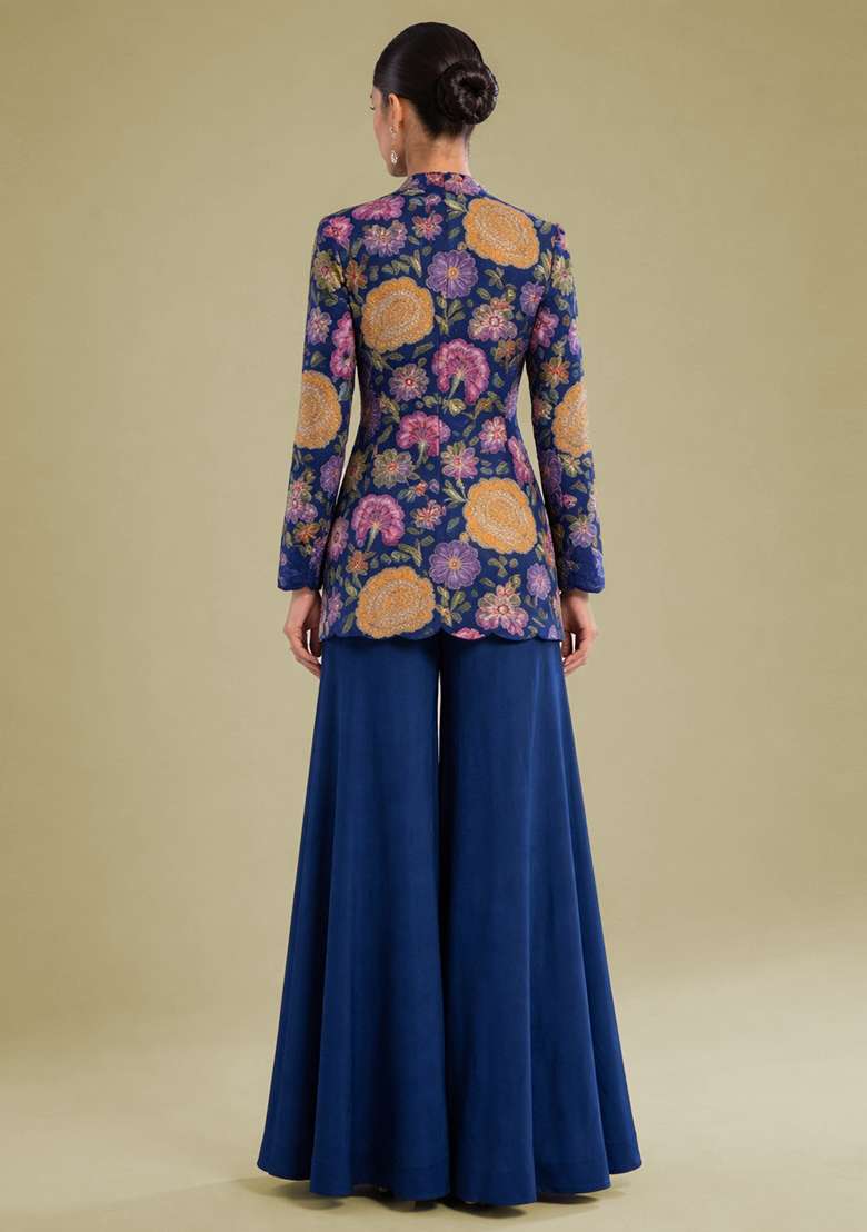 Navy Blue Embroidered Crepe Sharara Set - Indya