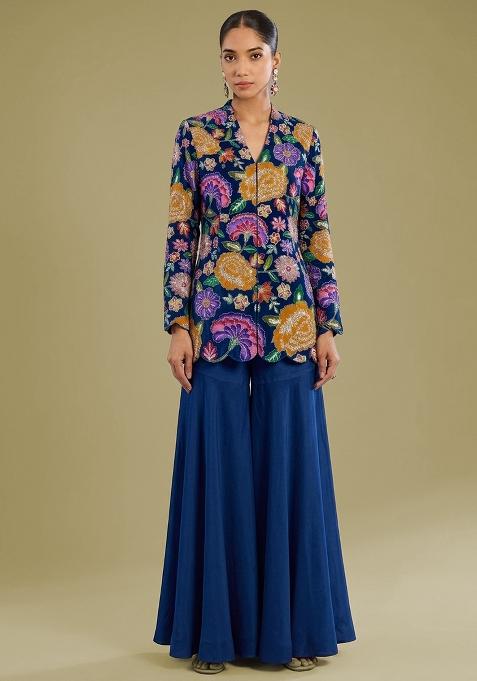 Navy Blue Embroidered Crepe Sharara Set