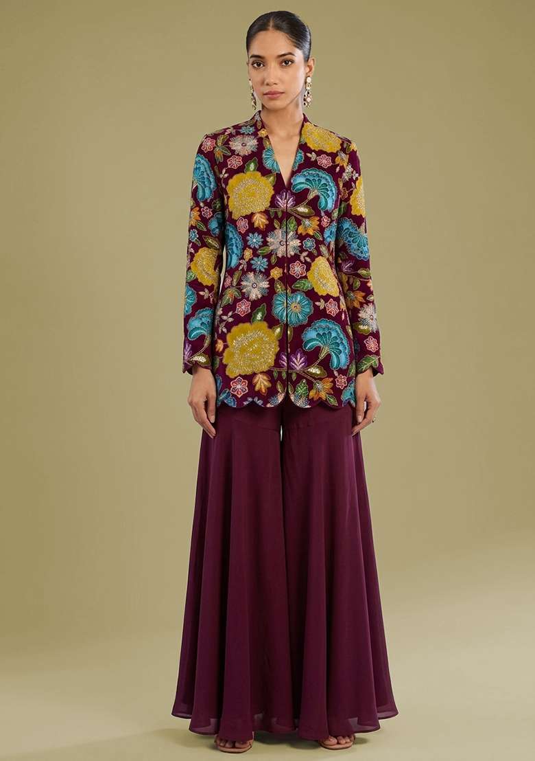 Deep Wine Embroidered Crepe Sharara Set - Indya