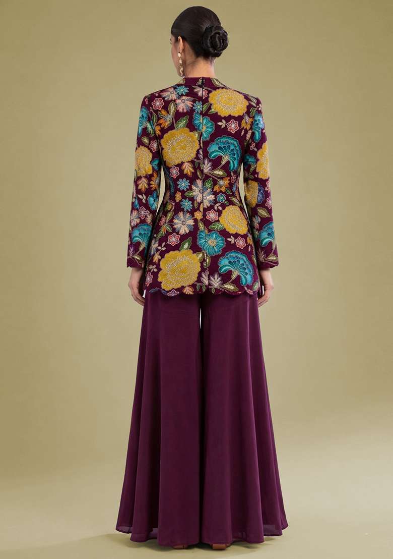 Deep Wine Embroidered Crepe Sharara Set - Indya
