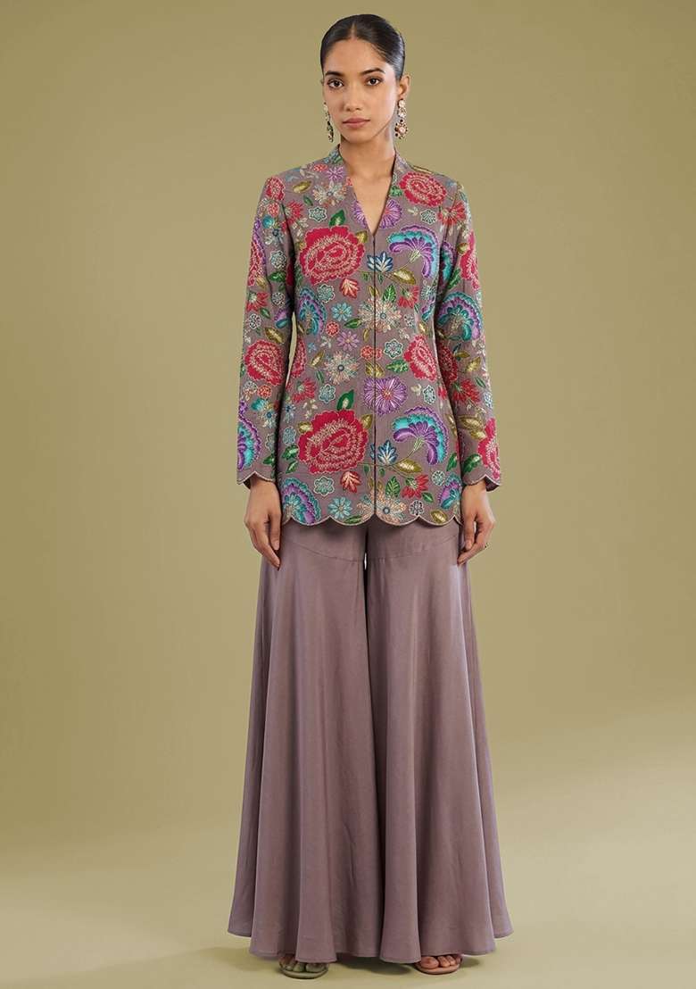 Mauve Embroidered Crepe Sharara Set - Indya