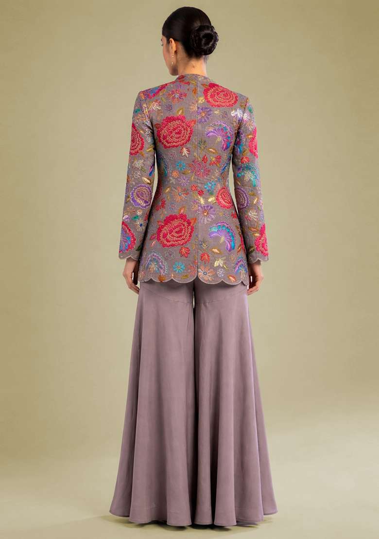 Mauve Embroidered Crepe Sharara Set - Indya