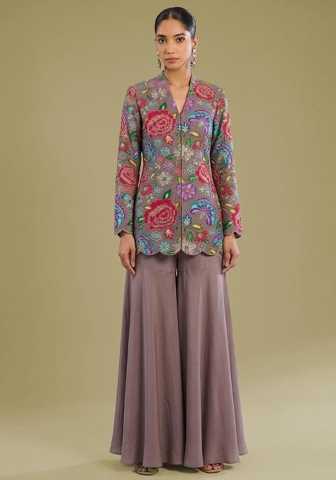 Mauve Embroidered Crepe Sharara Set