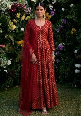 Maroon Silk Anarkali With Dupatta