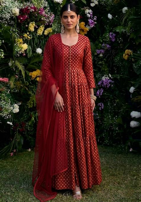 Maroon Silk Anarkali With Dupatta