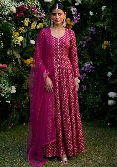 Rani Pink Silk Anarkali With Dupatta