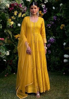 Yellow Silk Anarkali With Dupatta