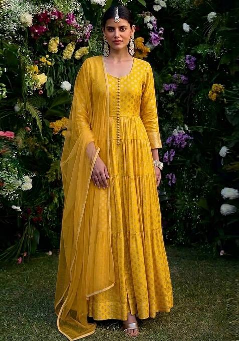 Yellow Silk Anarkali With Dupatta