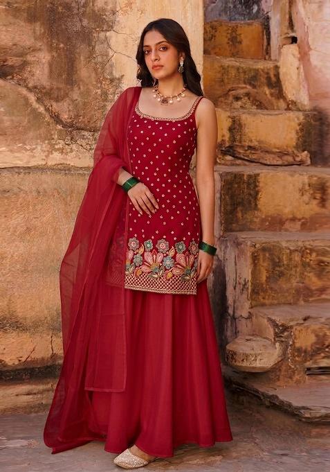 Crimson Red Embroidered Crepe Sharara Set