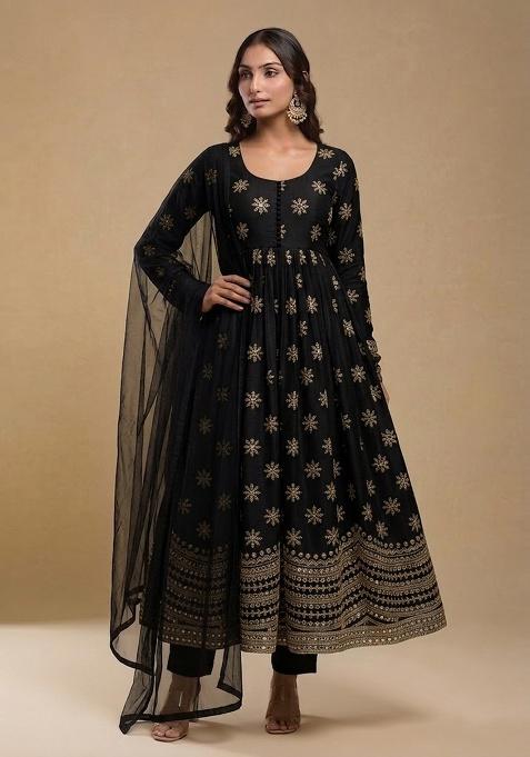 Jet Black Zari Tissue Anarkali Set