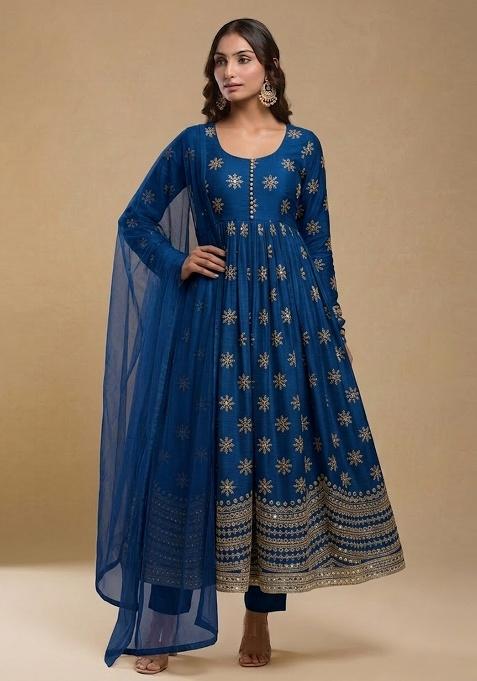 Blue Zari Tissue Anarkali Set
