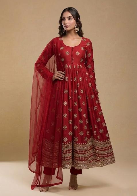 Red Zari Tissue Anarkali Set