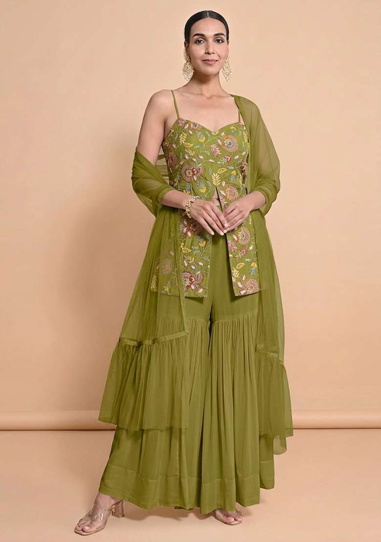 Olive Green Embroidered Crepe Sharara Set - Indya