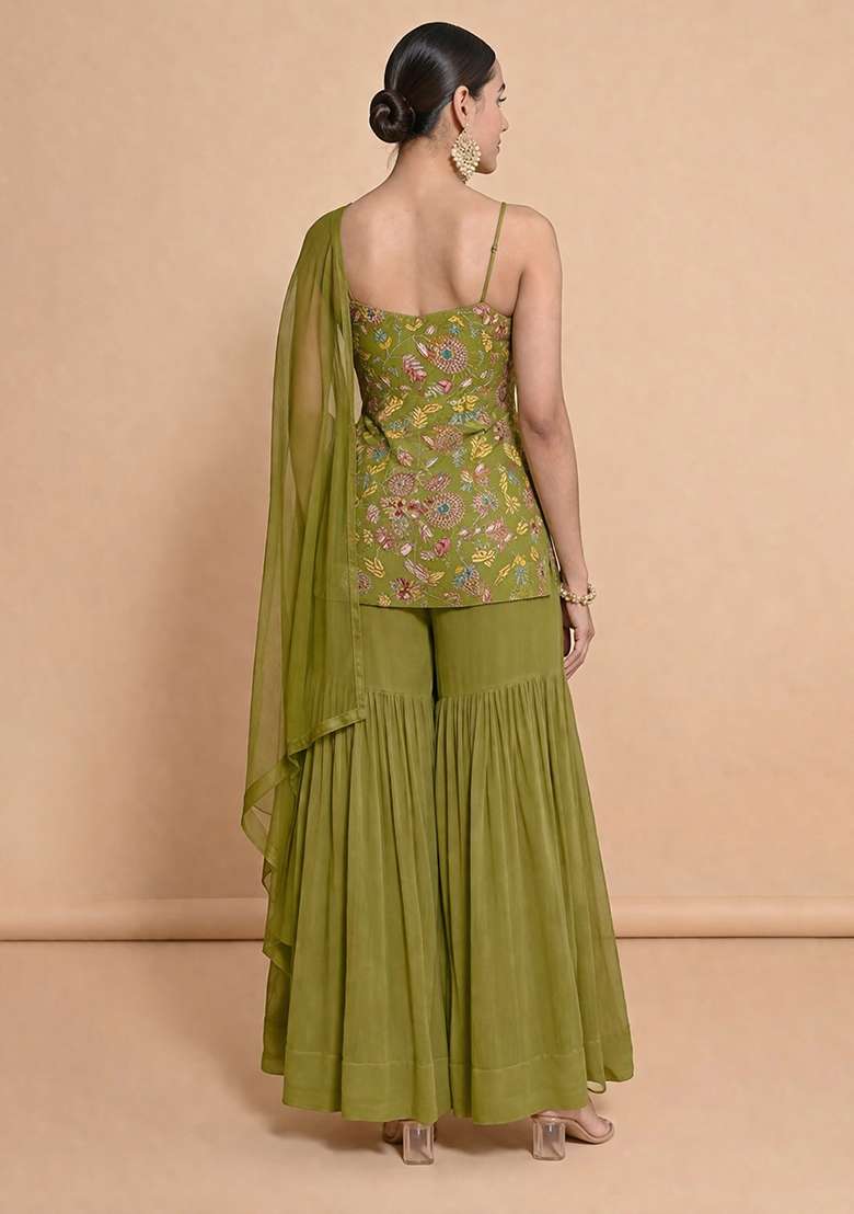 Olive Green Embroidered Crepe Sharara Set - Indya