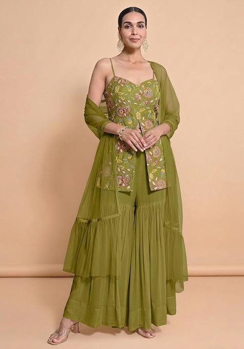Olive Green Embroidered Crepe Sharara Set