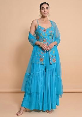 Turquoise Blue Embroidered Crepe Sharara Set
