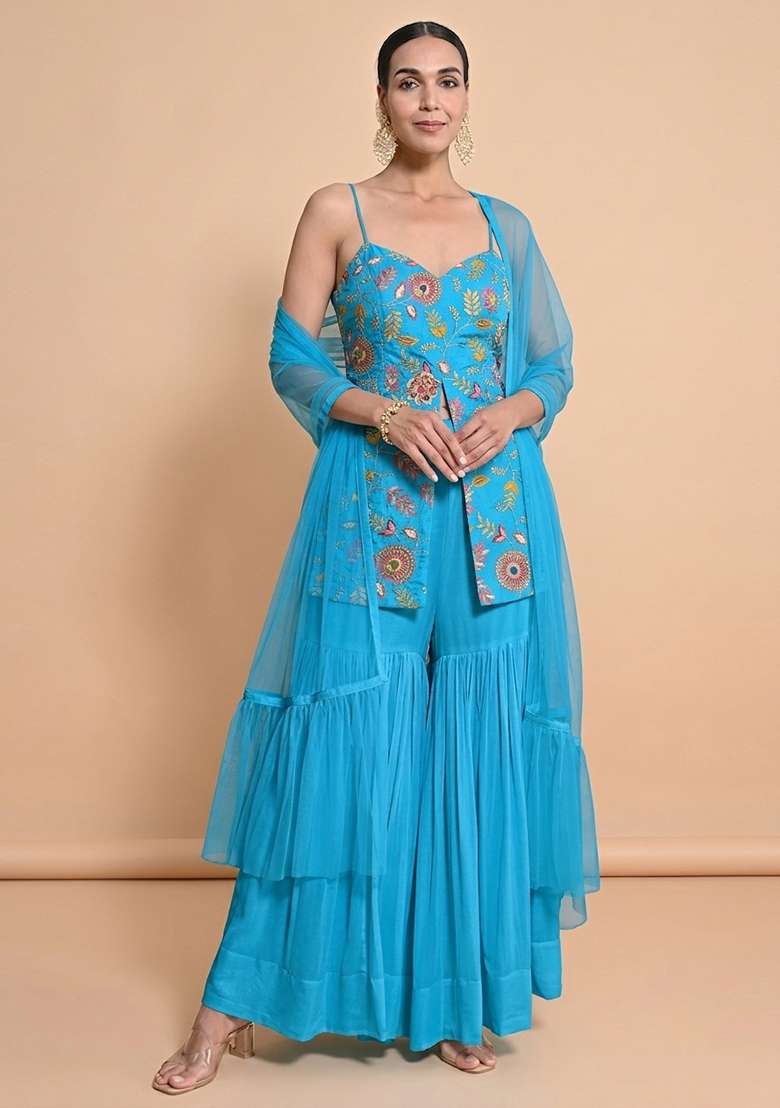 Turquoise Blue Embroidered Crepe Sharara Set - Indya