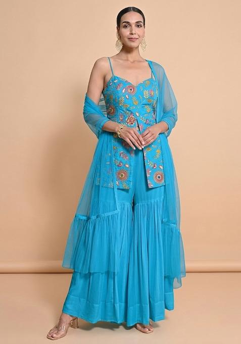 Turquoise Blue Embroidered Crepe Sharara Set