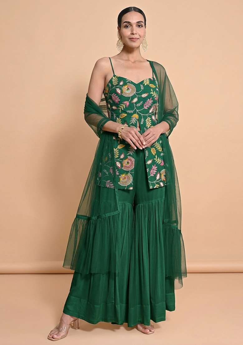 Bottle Green Embroidered Crepe Sharara Set - Indya