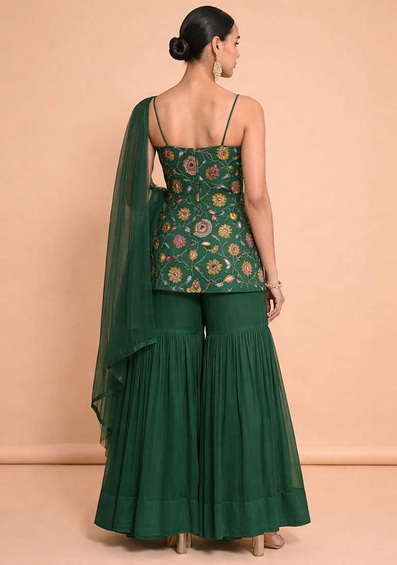 Bottle Green Embroidered Crepe Sharara Set - Indya