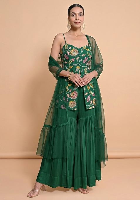 Bottle Green Embroidered Crepe Sharara Set