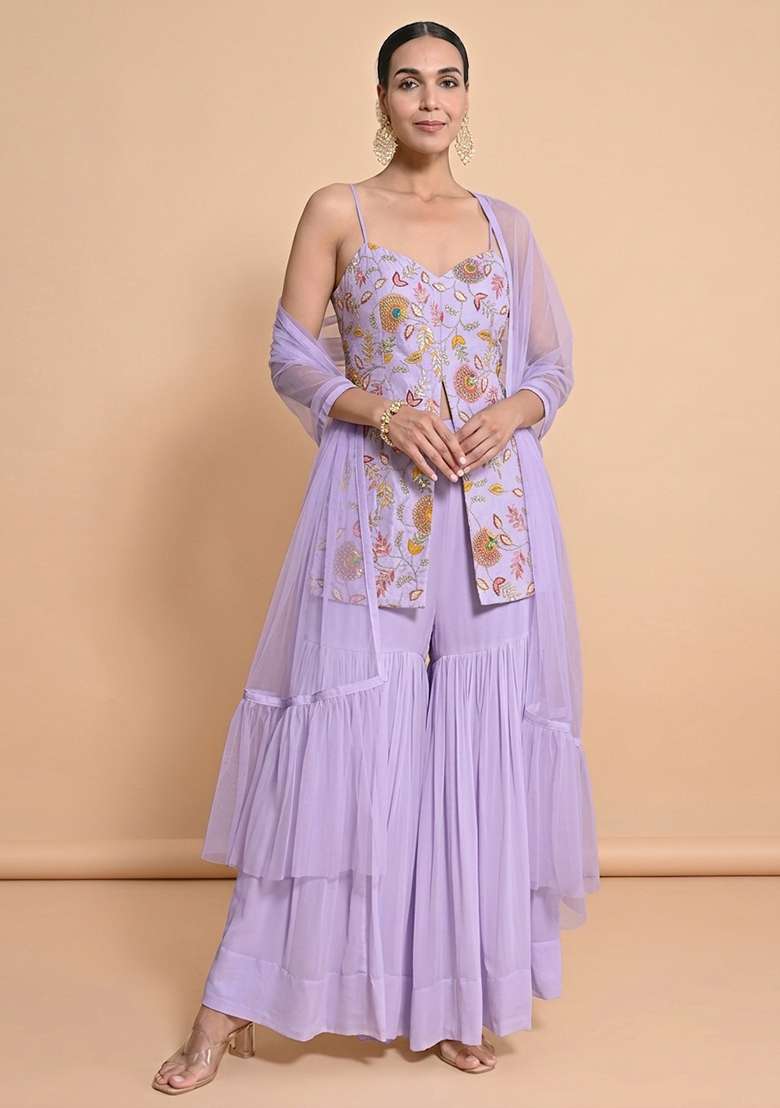 Lilac Embroidered Crepe Sharara Set - Indya