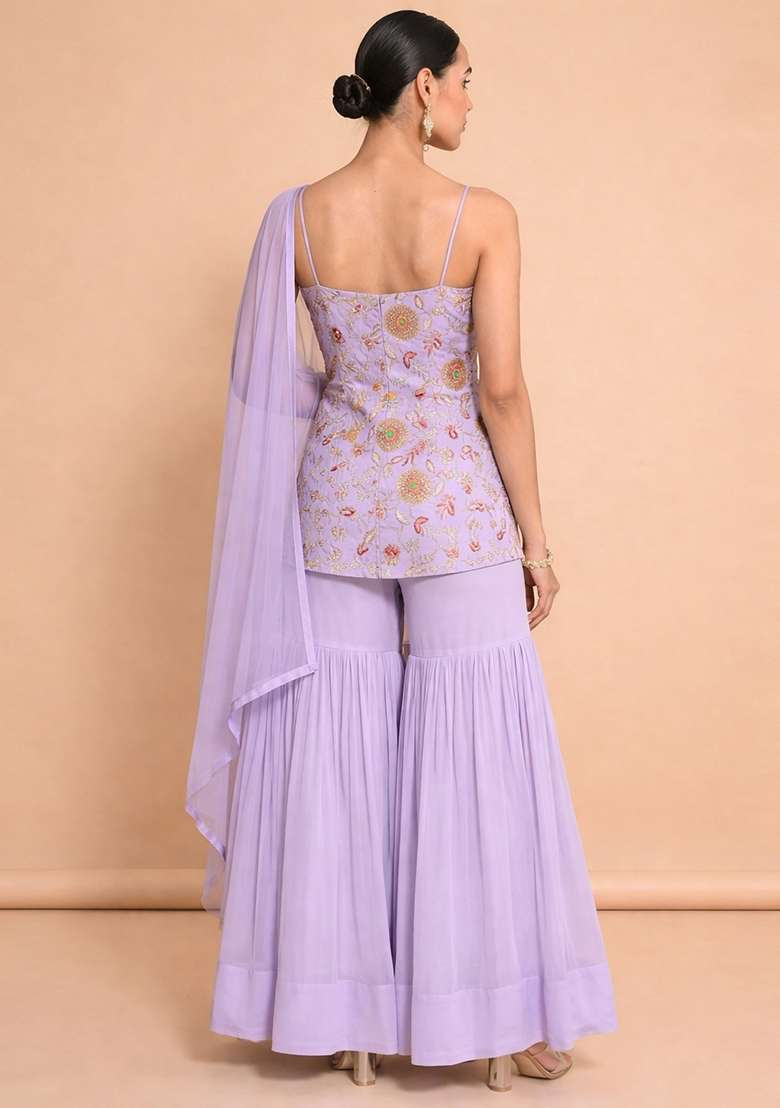 Lilac Embroidered Crepe Sharara Set - Indya
