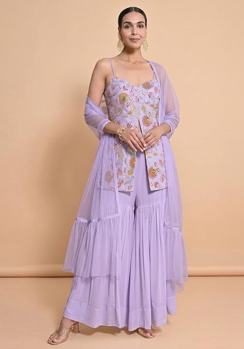 Lilac Embroidered Crepe Sharara Set