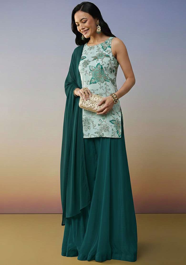 Teal Green Embroidered Crepe Sharara Set - Indya