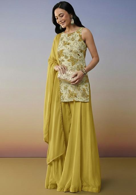 Pastel Yellow Embroidered Crepe Sharara Set