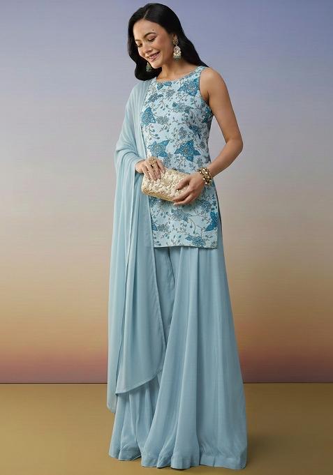 Soft Blue Embroidered Crepe Sharara Set