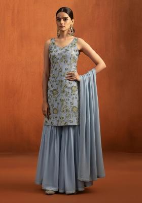 Dusty Blue Embroidered Organza Sharara Set
