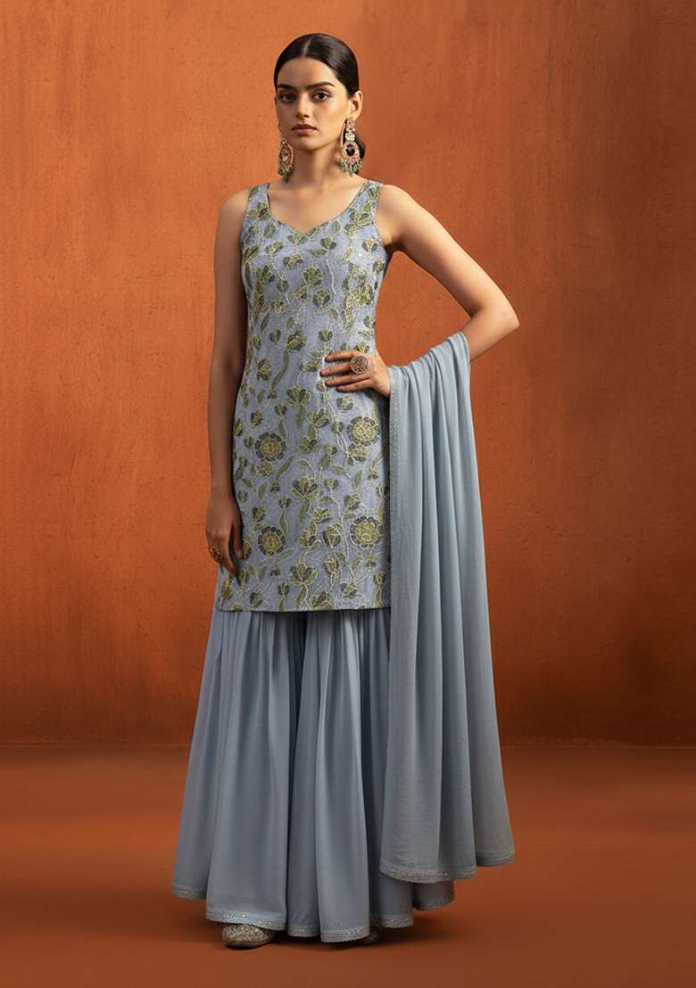 Dusty Blue Embroidered Organza Sharara Set - Indya