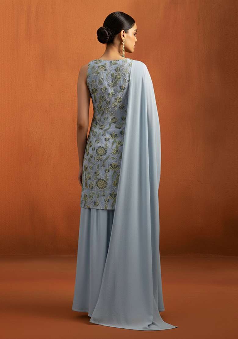 Dusty Blue Embroidered Organza Sharara Set - Indya