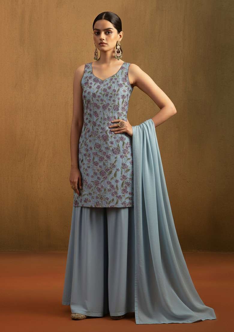 Pastel Blue Embroidered Organza Sharara Set - Indya