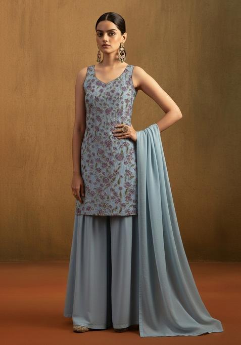 Pastel Blue Embroidered Organza Sharara Set