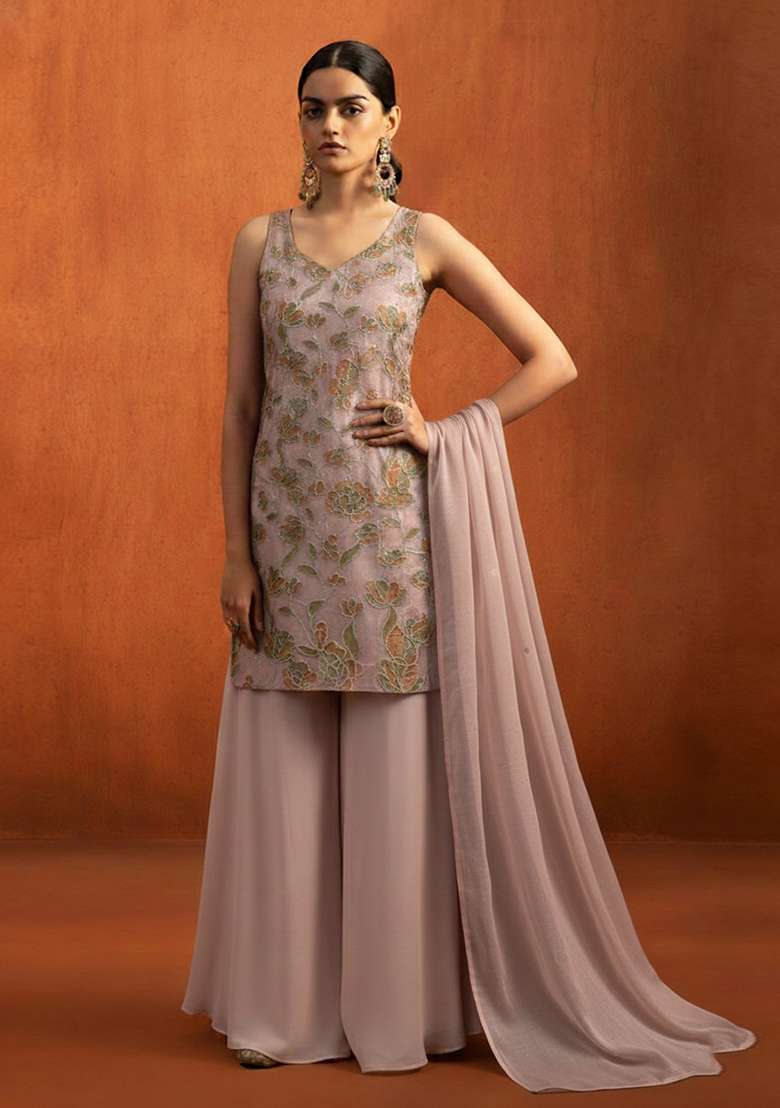 Dusty Pink Embroidered Organza Sharara Set - Indya