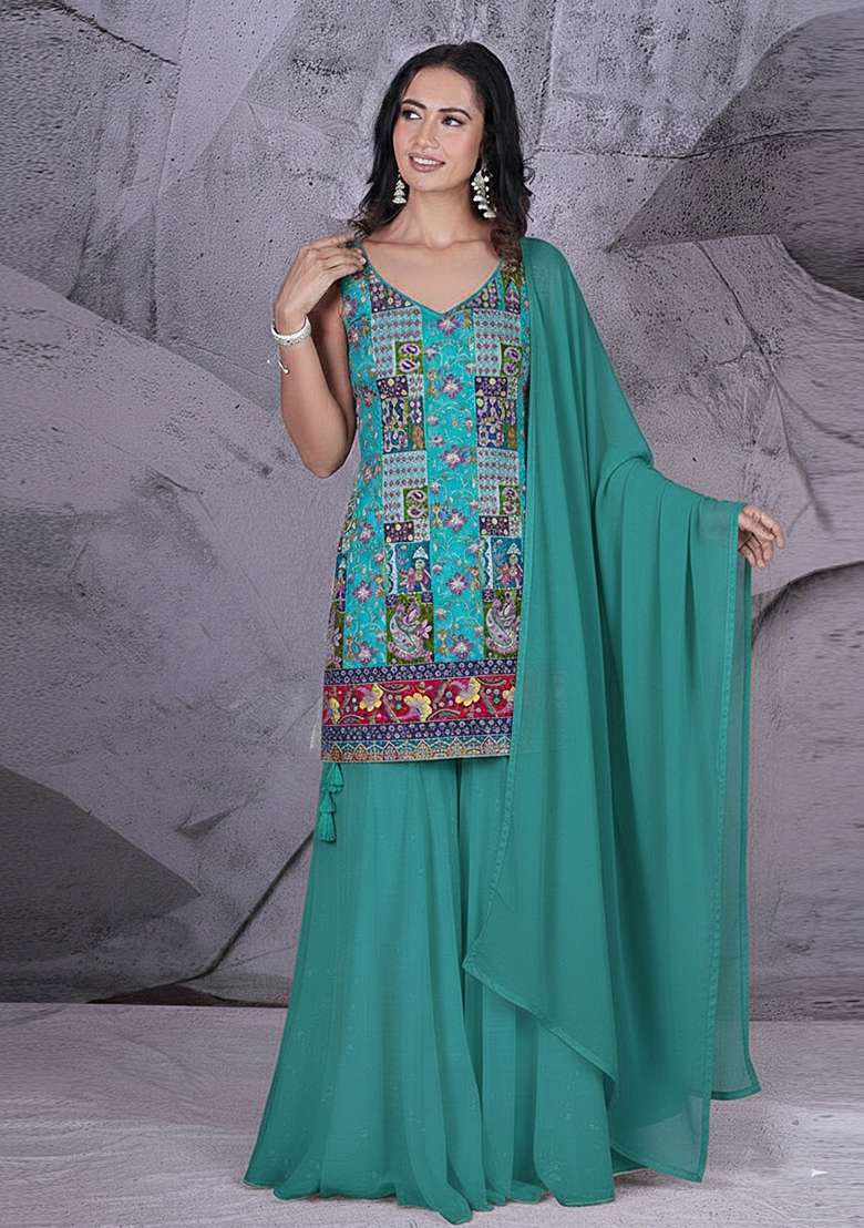Teal Green Embroidered Crepe Sharara Set - Indya