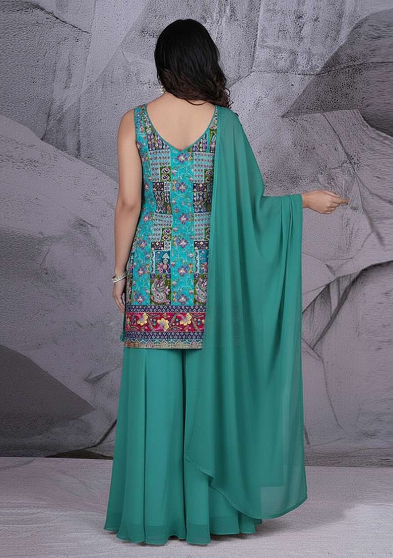 Teal Green Embroidered Crepe Sharara Set - Indya