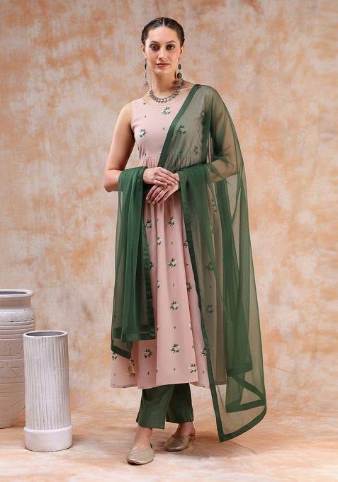 Blush Pink Embroidered Chanderi Anarkali Set