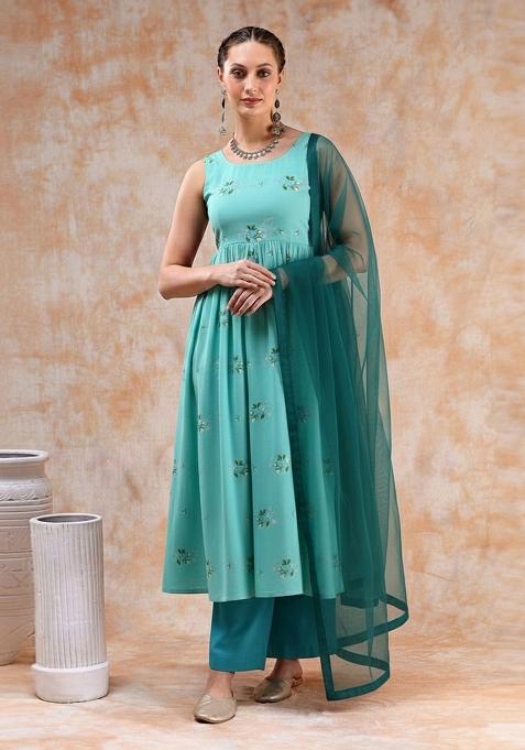 Blue Embroidered Chanderi Anarkali Set