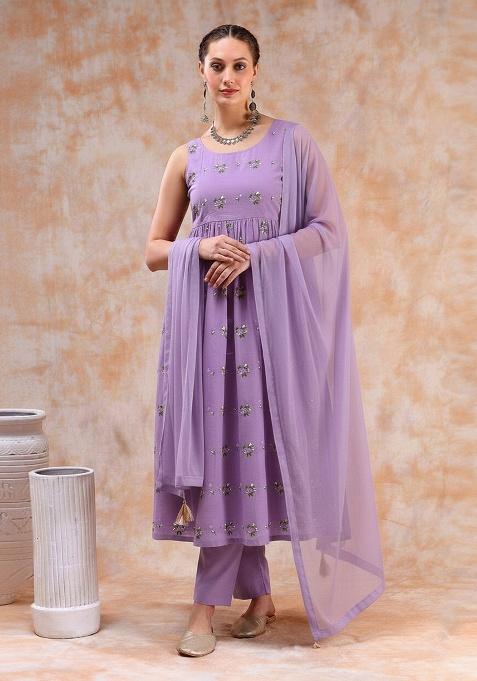 Lilac Embroidered Chanderi Anarkali Set